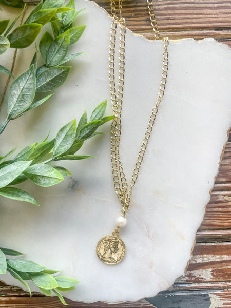 Double Layer Pearl Drop Coin Necklace